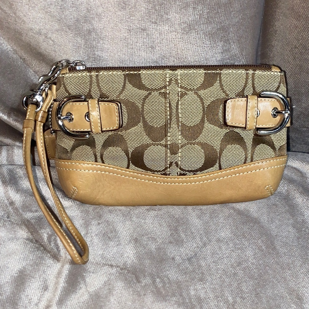 Coach Signature Brown and Tan Wristlet - Picture 1 of 9